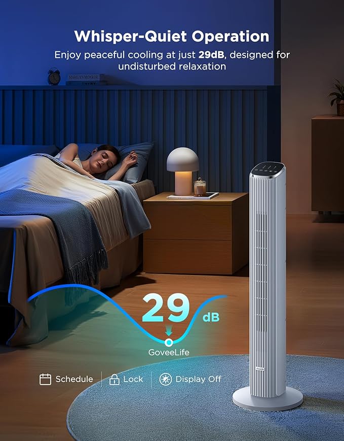 GoveeLife White Tower Fan for Bedroom, 36" Smart Floor Fan with App/Voice Control, Temperature Sensor, 5 Modes 8 Speeds(25ft/s), 29dB Quiet Oscillating Fan for Office, 24H Timer, Auto Cooling-HomvellaHome
