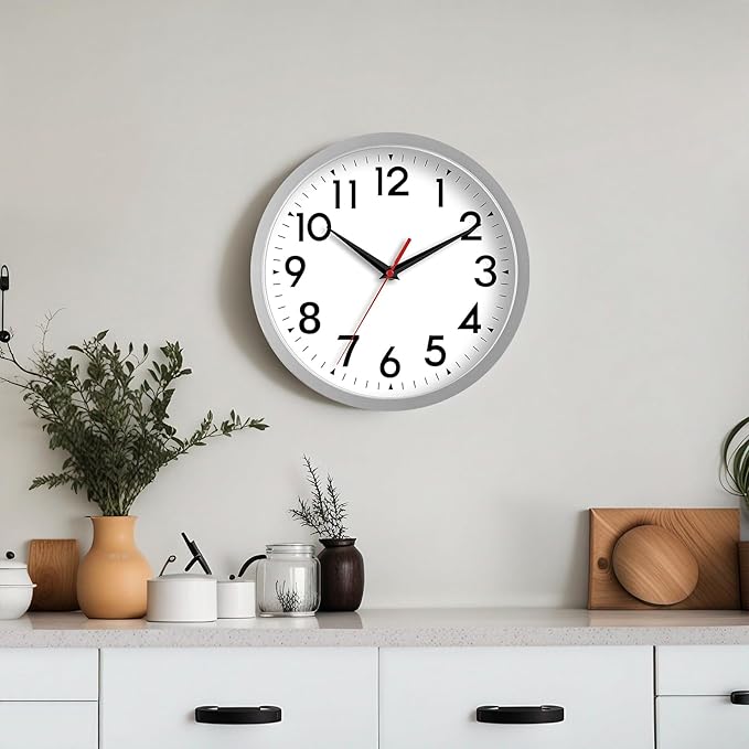 12 Inch Wall Clock Battery Operated Silent Non Ticking Analog Modern Decorative for Office Kitchen Outdoor Living Room Classroom Bedroom Bathroom School(Silver)-HomvellaHome