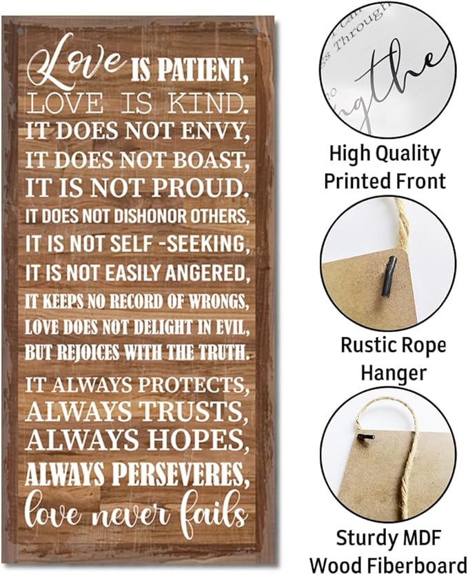 1 Corinthians 13:4-8 Inspirational Hanging Wood Decor Sign, Printed Wood Sign, Love is Patient, Love is Kind Quote, Hanging Bible Verses Woods Wall Signs, Rustic Home Decor Signs, Christian Gift I1-HomvellaHome