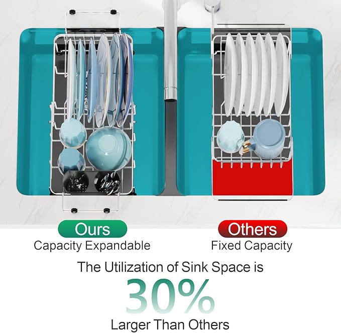 GSlife Expandable in Sink Small Dish Drying Rack - Stainless Steel Capacity Adjustable Over The Sink Dish Rack with Cup Holder (12" -16.8"), Dish Drainer for Kitchen Sink with Utensil Holder, Silver-HomvellaHome