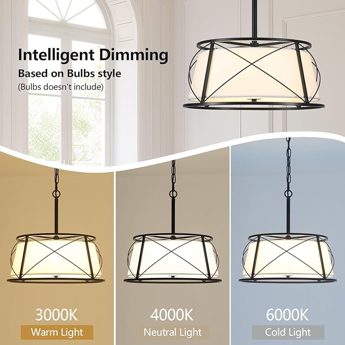 15.7" Black Drum Chandelier,3-Light Modern Farmhouse Chandelier,White Fabric Drum Shade Pendant Light Fixture for Dining Room Kitchen Island Bedroom Entryway-HomvellaHome