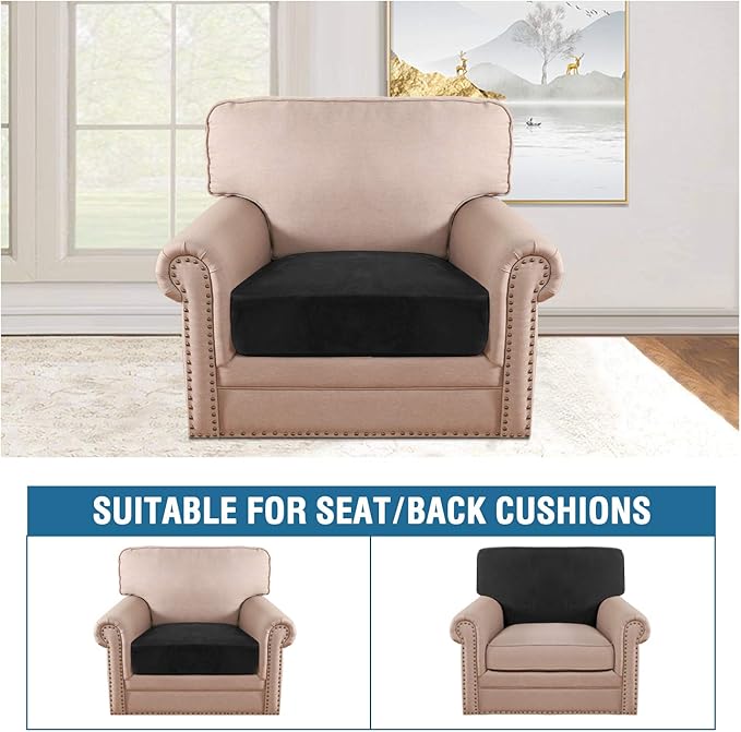 H.VERSAILTEX Velvet Stretch Couch Cushion Cover Plush Cushion Slipcover for Chair Cushion Furniture Protector Seat Cushion Sofa Cover (1 Piece Armchair Cushion Covers, Black)-HomvellaHome