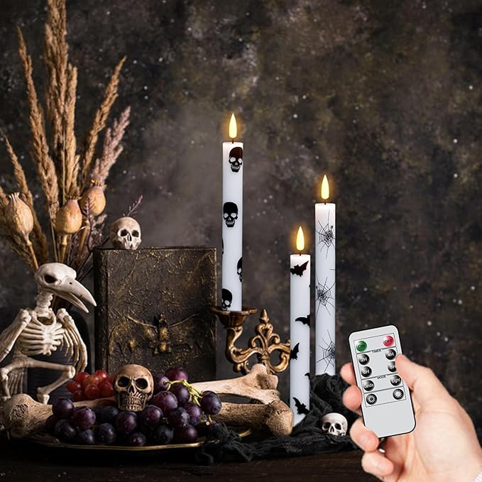GenSwin Flameless Taper Candles with Remote Timer, 6Pcs LED Flickering Taper Candles Battery Operated Real Wax with Spider Webs/Skull/Bats Decals for Halloween Spooky Decoration (White, 0.78”x9.65”)-HomvellaHome