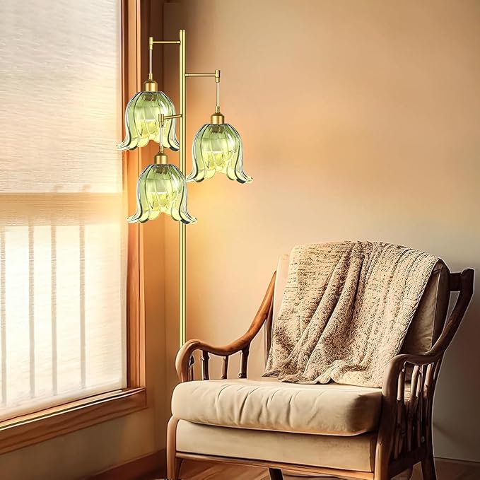 Gold Floor Lamp for Living Room,Bedroom,Tree 3 Light Standing Lamp Mid Century Modern Brass Tall Floor Lamps Vintage Retro Floor Lights Green Glass Flower Lamp Shade Farmhouse Boho Bohemian-HomvellaHome