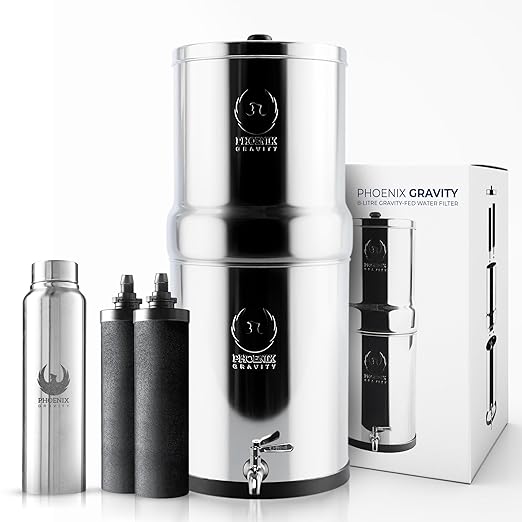 Gravity Water Filter System 2.25 Gallons NSF Certified - AISI 304 Stainless Steel Countertop Water Filtration with 2 Smart (Black) Carbon Filter Elements & Stainless Steel Water Spigot-HomvellaHome