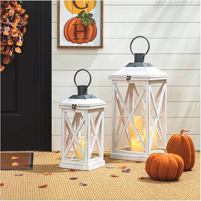 Glitzhome Mondern Farmhouse Wooden Lantern Hanging Decorative Candle Lantern for Outdoor & Indoor Wash White Set of 2 (No Glass)-HomvellaHome