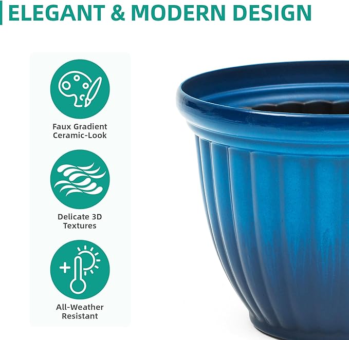 15" H Large Flower Pots, Set of 2 Plastic Planters for Outdoor Plants with Gradient Blue Finish and 3D Textures, Weather-Resistant for Porch, Garden, Patio or Indoor Use-HomvellaHome