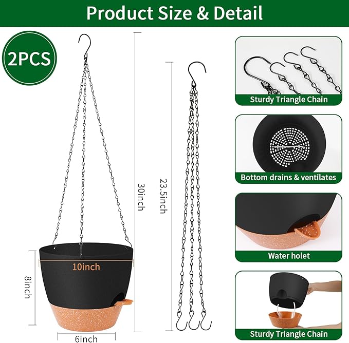 GARDIFE Hanging Planter, 10 inch Hanging planters for Indoor. Outdoor Plants, Self Watering Plant Pot, 2 Pack Large self Watering Hanging Planter, Black-HomvellaHome