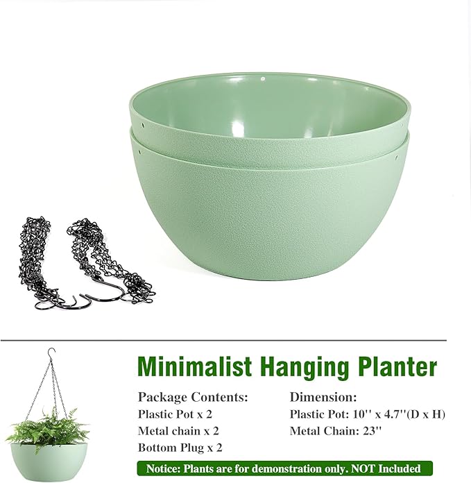 10 inch Hanging Planters for Outdoor Indoor Plants with Drainage Holes and Chain, 2 Pack Round Hanging Flower Pots for Garden Home Porch Decor,Green-HomvellaHome