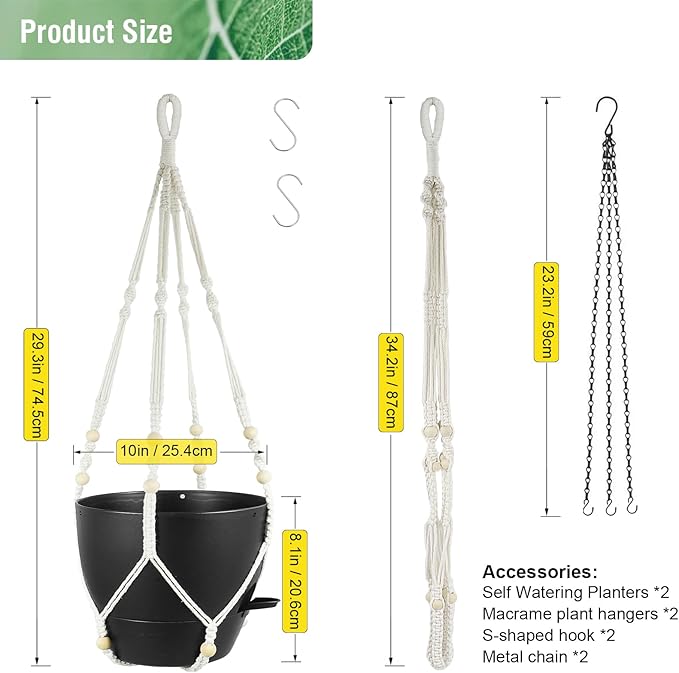 10 inch Self Watering Hanging Planters, 2 Pack Hanging Baskets for Indoor Outdoor Plants, Hanging Flower Pots with Drainage Holes & 2 Kinds of Plant Hangers for Garden Home Decor, Black-HomvellaHome