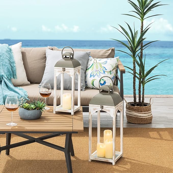 Glitzhome Set of 2 Mondern Farmhouse Wood Metal Lanterns Decorative Candle Lanterns, White (No Glass)-HomvellaHome