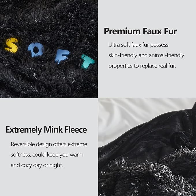 GONAAP Fuzzy Faux Fur Throw Blanket Black Super Soft Cozy Plush Fuzzy Shaggy Blanket for Couch Sofa Bed (Black, Throw(50"x60"))-HomvellaHome