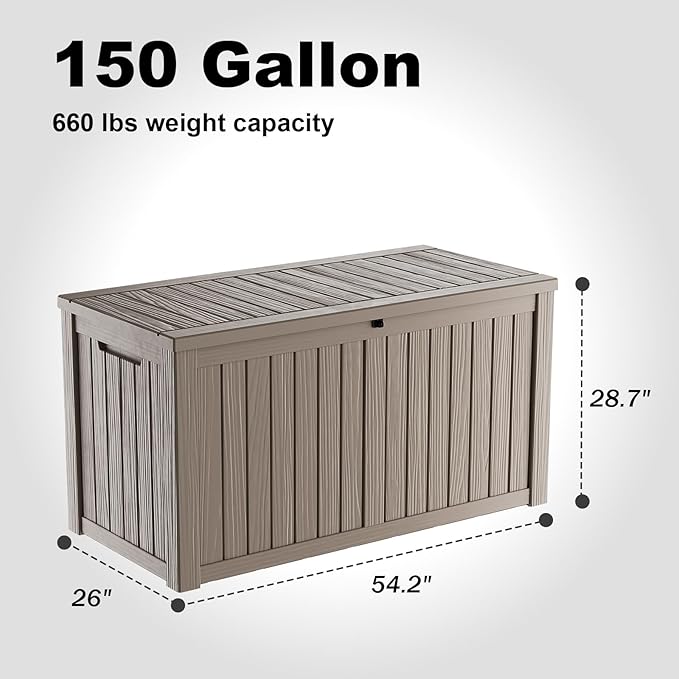 150 Gallon Outdoor Deck Box,Storage Lockable Waterproof Patio Furniture,Garden Tools,Cushions,Pool Accessories Outside Storage Resin Box(Grey)-HomvellaHome