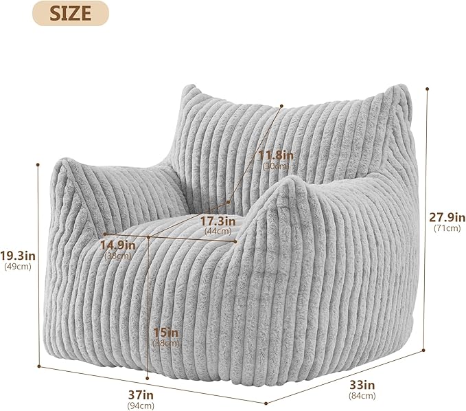 Giant Bean Bag Chairs for Adults Teens, Large Bean Bag Sofa Chairs with Filling Comfy Fuzzy BeanBag Chair with Armrests for Bedroom Living Room Reading-HomvellaHome