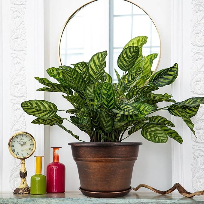 10 Inch Planters Plant Pots Indoor Outdoor, 4 Pack Plastic Flower Pot for Indoor Plants with Drainage Holes & Trays, Resin Decorative Container Sets with Saucer for House Garden Copper-HomvellaHome