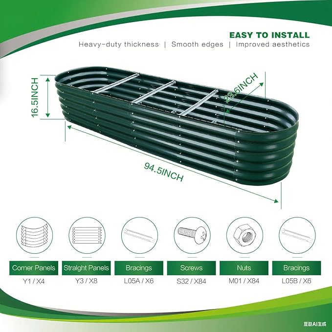 Gardmax Galvanized Raised Garden Bed, Lightweight Planter Boxes Outdoor with Easy Assembly, Large Garden Bed for Vegetables, Fruits, Flower Dark Green 8FT-HomvellaHome