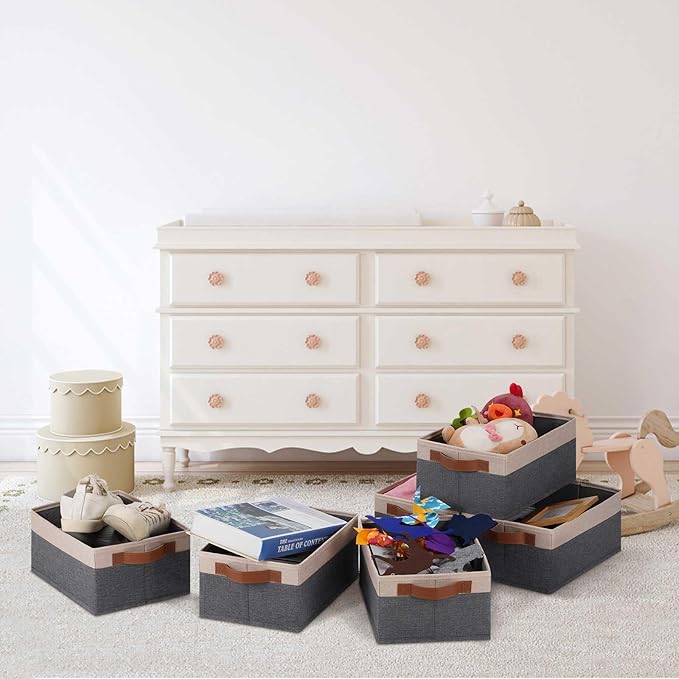 GhvyenntteS Small Fabric Storage Bins 6 Pack, 11.8" x 7.87" x 5.11" Storage Basket with Leather Handles, Closet Storage Bins for Shelves, Storage Baskets for Shelves, DVD Storage (Grey/Beige Yellow)-HomvellaHome