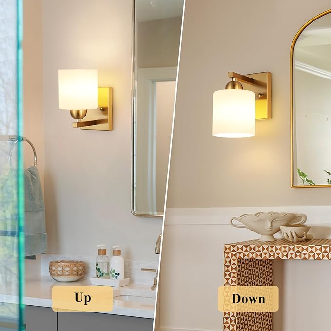 Gold Milk Glass Wall Sconces, 1 Pack Hardwired Indoor Wall Light Fixtures for Living Room, Hallway, Bedroom, Ceramic E26 Sockets (Bulbs Not Included)-HomvellaHome