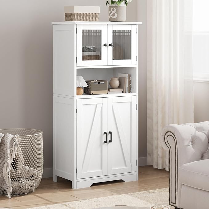 GarveeHome 54in Tall Bathroom Cabinet, Farmhouse Storage Cabinet with Glass Doors and Adjustable Shelves, Freestanding Kitchen Pantry Cabinets, Cupboard for Living Room, Dining Room, White-HomvellaHome