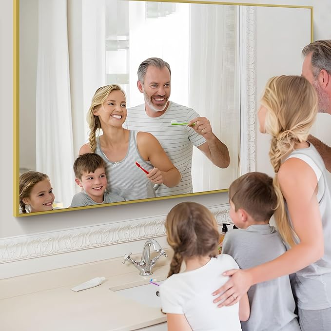 Gold Bathroom Mirror for Wall, 60x36 Inch Rectangle Mirrors with Metal Frame, Modern Vanity Wall Mirror Decor for Bathroom Living Room, Entryway Hangs Horizontal or Vertical-HomvellaHome