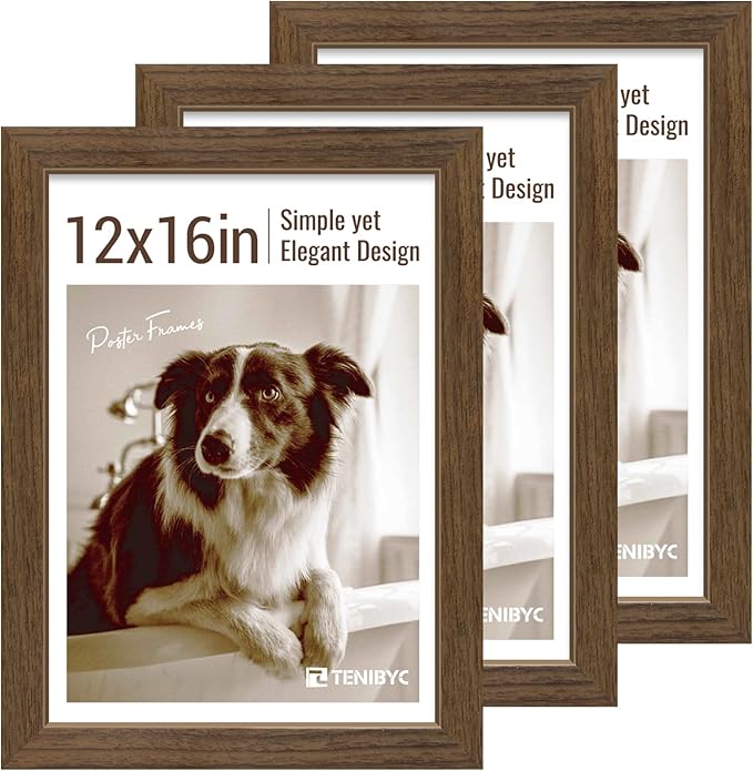 12x16 Picture Frame 3 pk, Brown Woodgrain, HD Tempered Glass, Wall Gallery Frame-HomvellaHome