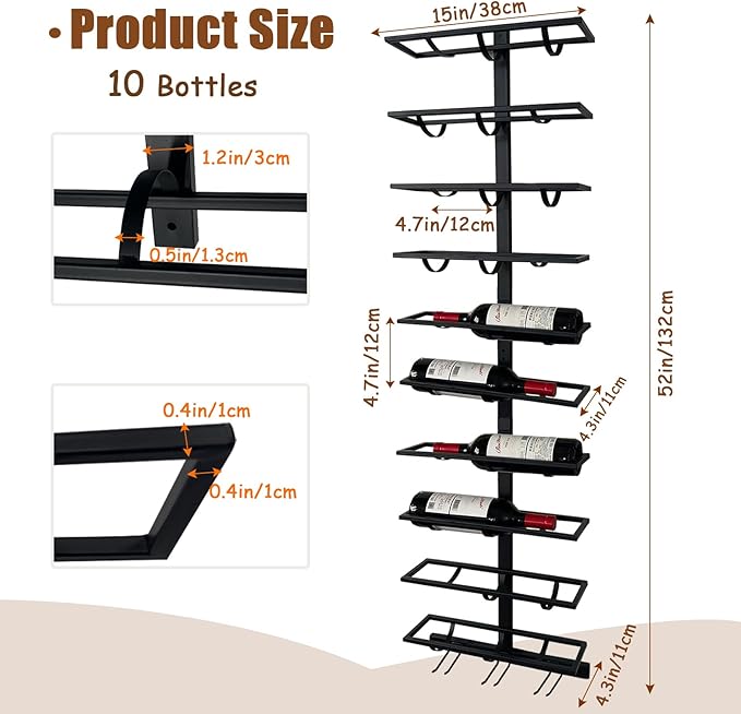 10 Bottle Wall Mount Wine Rack with Wine Glass Holder, Metal Wine Wall Rack, Wall Racks for Wine Bottles Display and Storage, Hanging Bottle Organizer for Living Dining Room Wine Cellar Bar (Black)-HomvellaHome