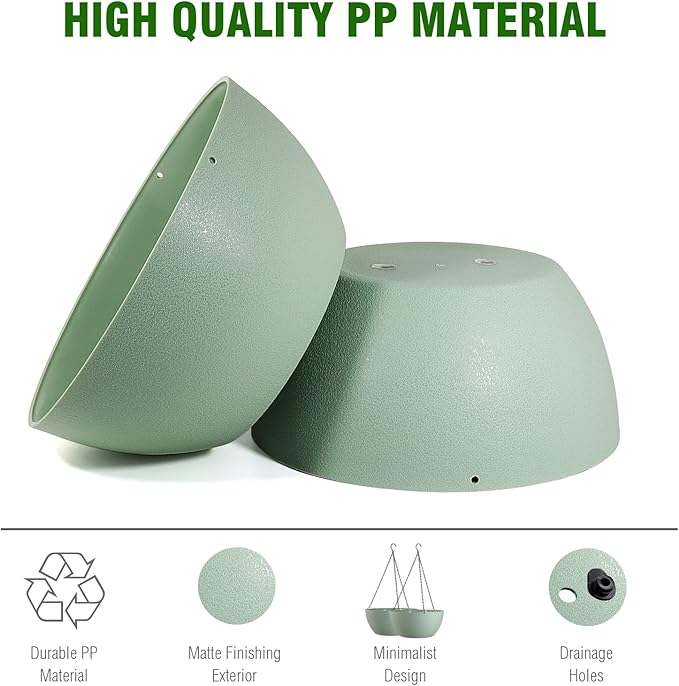 13 inch Large Hanging Planters Plant Pots for Outdoor Indoor Plants with Drainage Holes and Chain, 2 Pack Round Hanging Flower Pots for Garden Home Porch Decor, Green-HomvellaHome