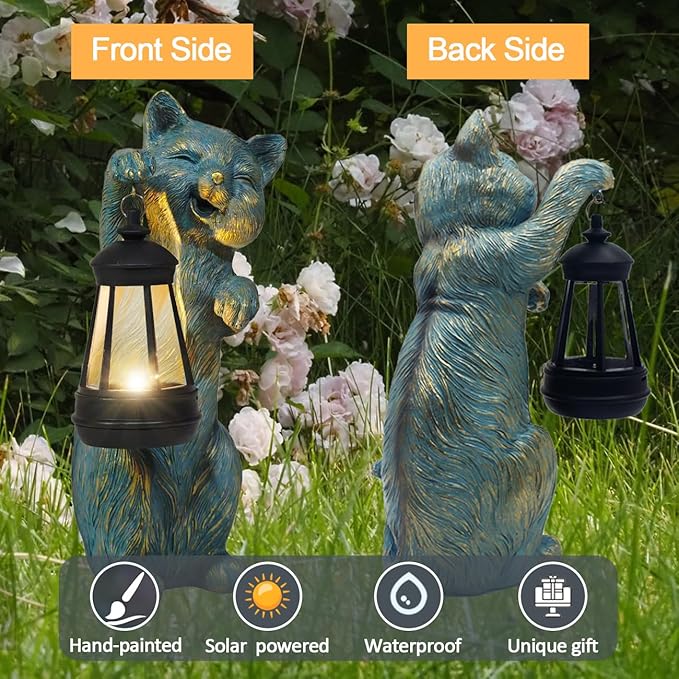 Garden Statues Cat with Solar Lantern Outdoor Bunny Figurines Decorations for Patio Yard Lawn Ornaments Gifts for Birthday Easter Housewarming Mother's Day-HomvellaHome