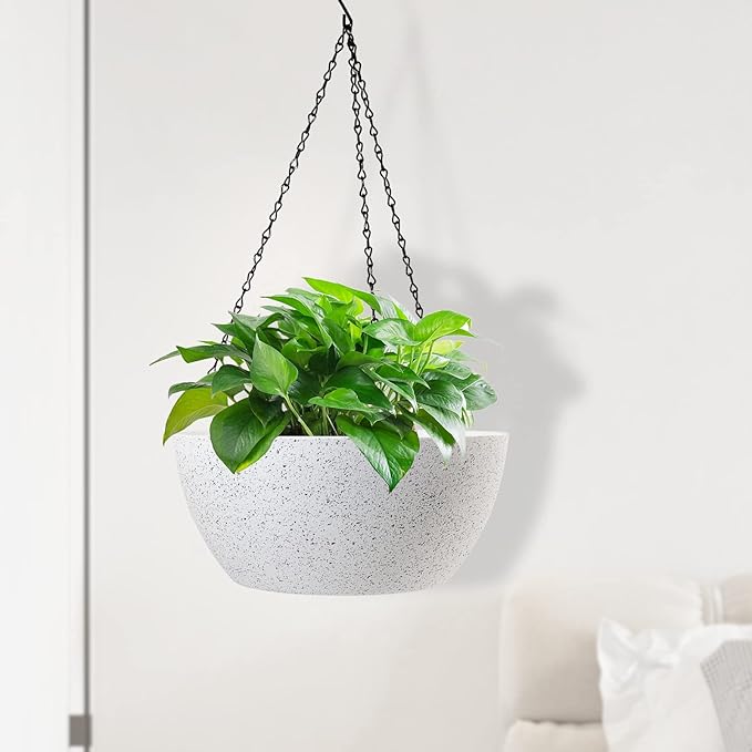13 inch Large Hanging Planters Plant Pots for Outdoor Indoor Plants with Drainage Holes and Chain, 2 Pack Round Hanging Flower Pots for Garden Home Porch Decor, Speckled White-HomvellaHome