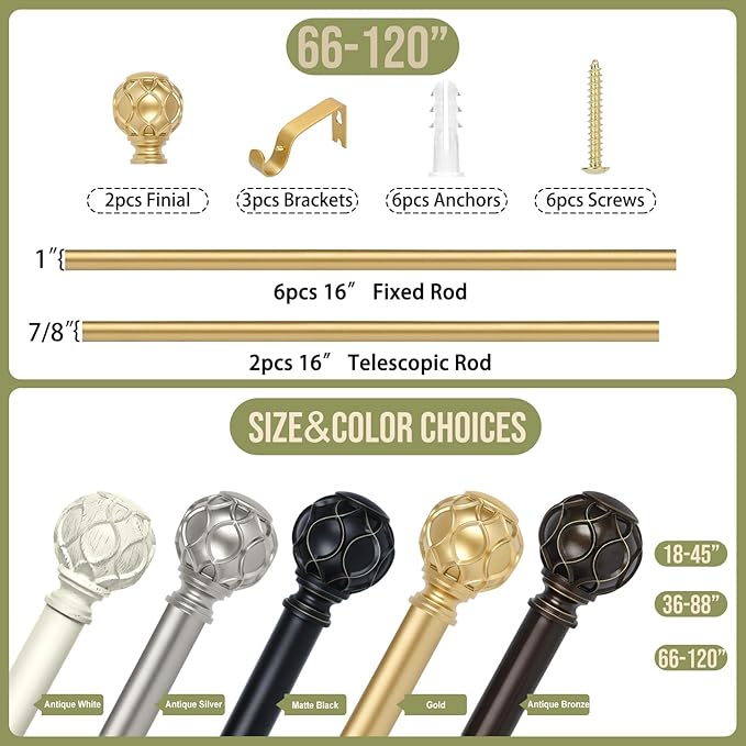 Gold Adjustable Curtain Rods for Windows:66-120 Inch Farmhouse Heavy Duty Curtain Rod for Bedroom Living Room,Boho Decorative Rustic Drapery Rods with Vintage Coastal Texture Finial,Brass Gold-HomvellaHome