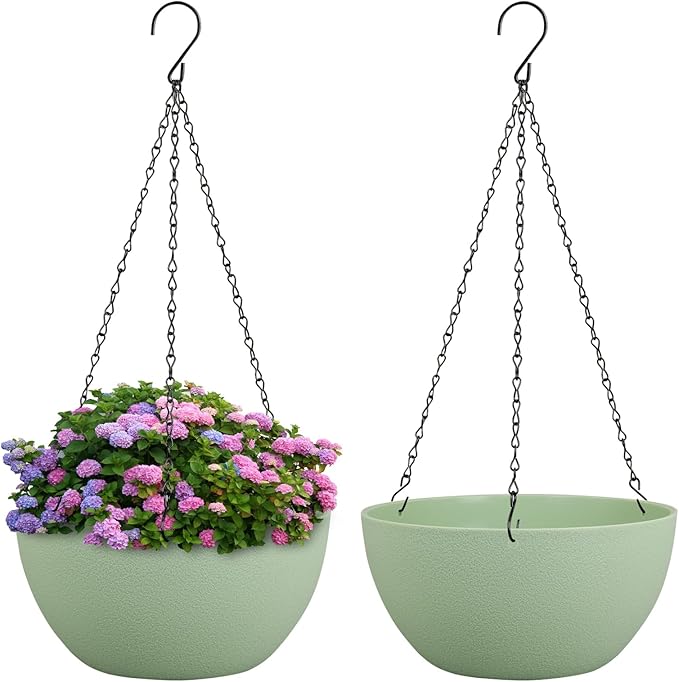 10 inch Hanging Planters Plant Pots for Indoor Outdoor Plants, 2 Pack Hanging Flower Pots with Drainage Holes and Chain for Garden Porch, Plastic Hanging Baskets for House Plants, Green-HomvellaHome