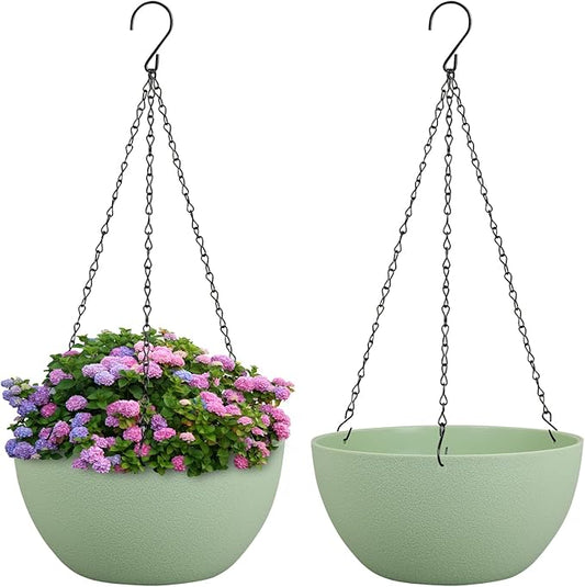 10 inch Hanging Planters Plant Pots for Indoor Outdoor Plants, 2 Pack Hanging Flower Pots with Drainage Holes and Chain for Garden Porch, Plastic Hanging Baskets for House Plants, Green-HomvellaHome
