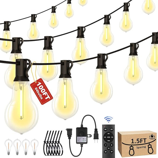 100FT Outdoor String Lights Waterproof with 64+4 Bulbs (1.5FT Bulbs Spacing), Remote & Dimmer, Commercial Patio String Lights with 3 Mode Light & Timing, 100PC Mounting Ties for Outside-HomvellaHome