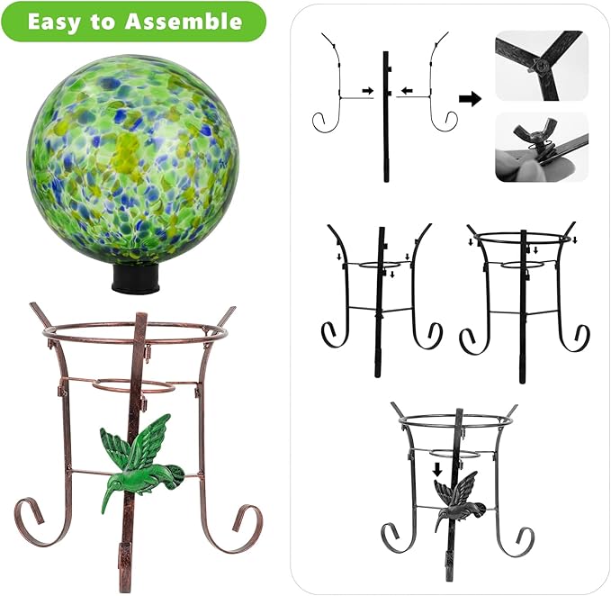10 Inch Glass Gazing Ball, with 9.4" Tall Metal Gazing Globe Stand, Glass Balls Display Holder Set for Outdoor Garden Lawn Yard Decoration, Bright Summer Burst-HomvellaHome