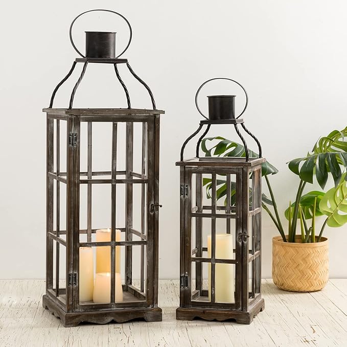 Glitzhome Farmhouse Oversized Wood Metal Lanterns Decorative Hanging Candle Lanterns Set of 2, Black (No Glass)-HomvellaHome