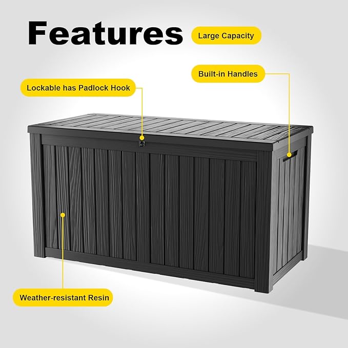 150 Gallon Outdoor Deck Box,Storage Lockable Waterproof Patio Furniture,Garden Tools,Cushions,Pool Accessories Outside Storage Resin Box(Black)-HomvellaHome