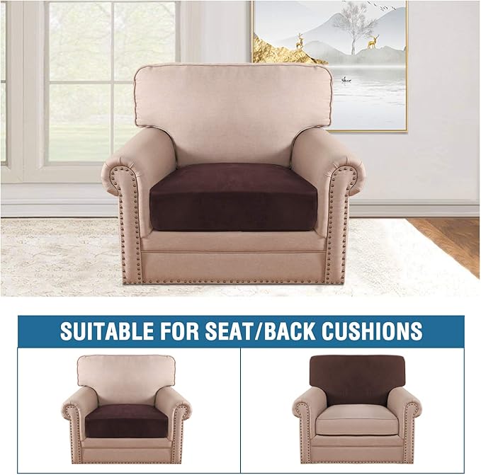 H.VERSAILTEX Velvet Stretch Couch Cushion Cover Plush Cushion Slipcover for Chair Cushion Furniture Protector Seat Cushion Sofa Cover (1 Piece Armchair Cushion Covers, Brown)-HomvellaHome