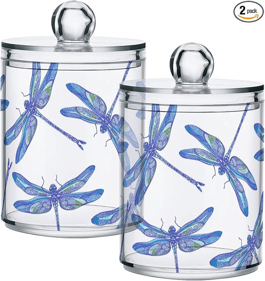 2 Pack Qtip Holder Organizer Dispenser Dragonflies Bathroom Storage Canister Cotton Ball Holder Container for Cotton Swabs/Pads/Floss-HomvellaHome