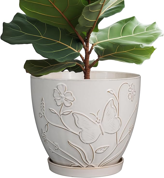 10 Inch Plant Pot Ceramic Planter Pot with Drainage Hole and Saucer Round Planter Large Flower Pot for Indoor Outdoor Plants Home Garden Decor White-HomvellaHome
