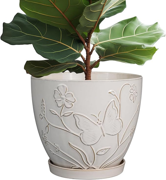 10 Inch Plant Pot Ceramic Planter Pot with Drainage Hole and Saucer Round Planter Large Flower Pot for Indoor Outdoor Plants Home Garden Decor White-HomvellaHome