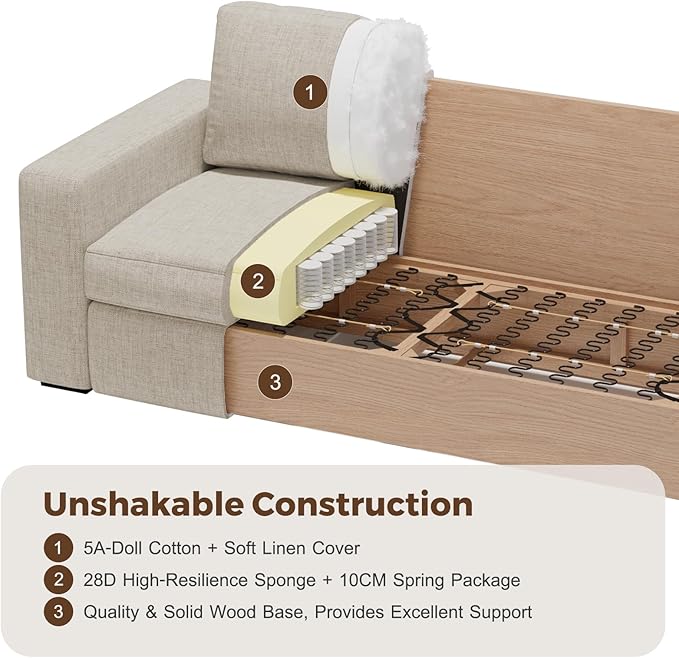 112" L Shaped Sectional Sofa with Detachable Sofa Cover, Reversible Sectional Modular Couch for Living Room, Linen Fabric Corner Couch with 7 Seats, Oatmeal-HomvellaHome