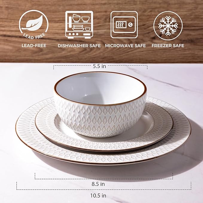GBHOME Ceramic Dinnerware Sets,18 pcs Embossed Elegant Stoneware Plates and Bowls Sets, Housewarming Wedding Gift | Dishwasher & Microwave Safe | Dishes Set Service for 6-HomvellaHome