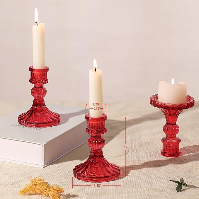 12PCS Red Candlestick Holders Set- 4" H Taper Candle Holders, Glass Candle Holders Bulk for Activities, Party, Home Table Centerpieces, Festival Gifts & Windowsill Decor-HomvellaHome