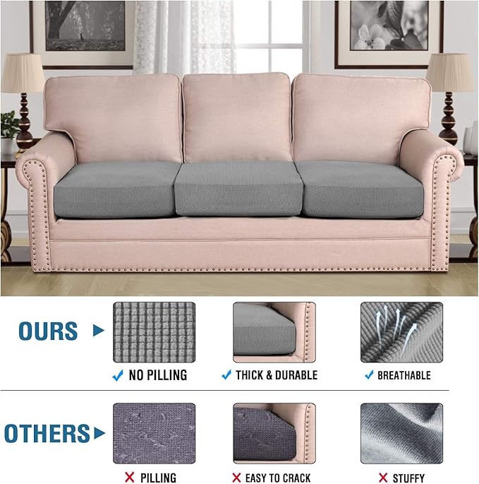 H.VERSAILTEX Super Stretch Individual Seat Cushion Covers - Sofa & Couch Cushion Slipcover Sets - Thick Jacquard Textured Twill Fabric (3 Piece XL, Dove)-HomvellaHome