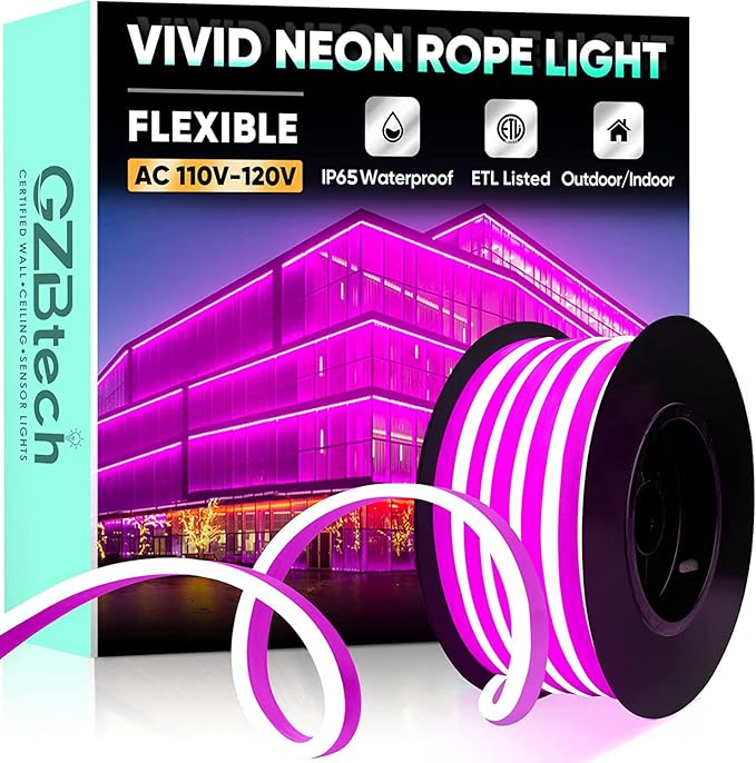 GZBtech Flexible LED Neon Rope Lights 16.4FT,AC 110-120V Waterproof Strip Light, 120LEDs/M Cuttable Connectable Neon Lighting for Indoor Outdoor Home Decor/Commercial Building Use-Pink 5M-HomvellaHome