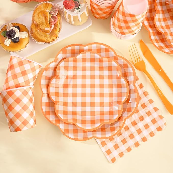175 Pcs Orange and White Gingham Party Supplies - Orange Gingham Paper Plates and Napkins Sets Serve 25 - Scalloped Checkered Plates for Birthday Picnic Fall Halloween Thanksgivng Party Decorations-HomvellaHome