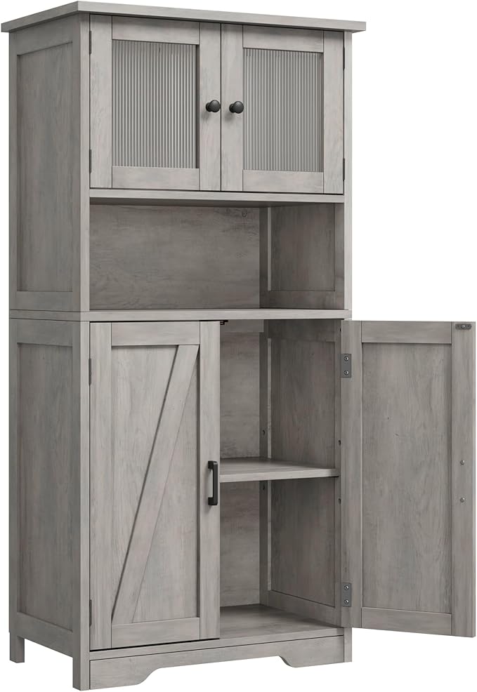 GarveeHome 54in Tall Bathroom Cabinet, Farmhouse Storage Cabinet with Glass Doors and Adjustable Shelves, Freestanding Kitchen Pantry Cabinets, Cupboard for Living Room, Dining Room, Gray-HomvellaHome
