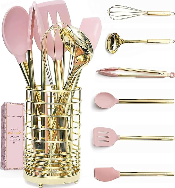 Gold and Pink Kitchen Utensil Set with Holder - 7-Piece Cooking Tools with Gold Whisk, Ladle, Tongs, Turner, Spatula, and Spoon - Stylish Pink Kitchen Accessories for Modern Cooking & Serving-HomvellaHome