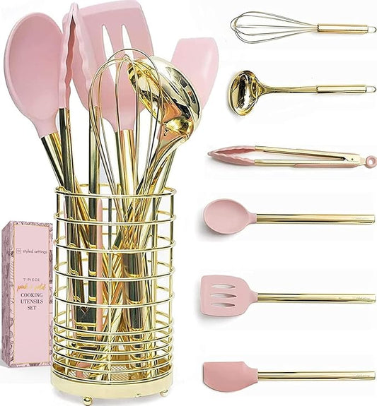 Gold and Pink Kitchen Utensil Set with Holder - 7-Piece Cooking Tools with Gold Whisk, Ladle, Tongs, Turner, Spatula, and Spoon - Stylish Pink Kitchen Accessories for Modern Cooking & Serving-HomvellaHome