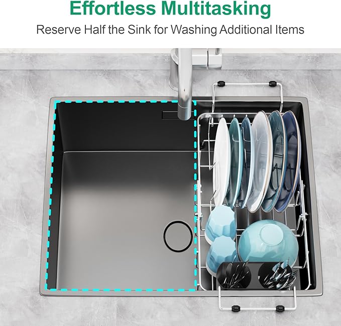 GSlife Expandable in Sink Dish Drying Rack Small with Silicone Mat - Stainless Steel Capacity Adjustable Over The Sink Dish Rack with Utensil Holder for Counter or Inside Sink (12.4" -16.8"), Silver-HomvellaHome